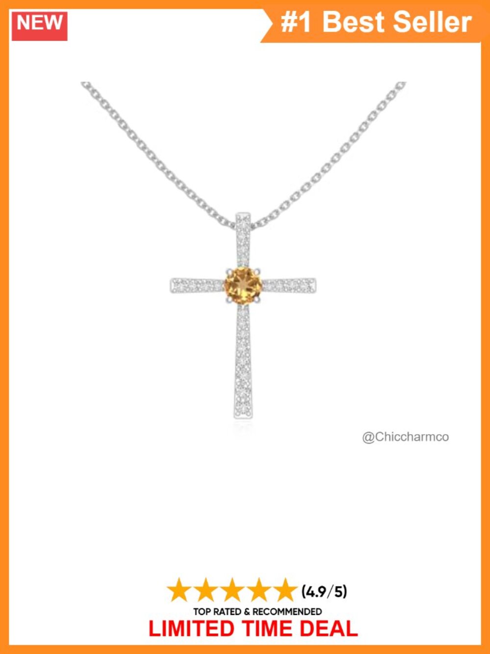Citrine & Moissanite Cross Pendant Necklace Sterling Silver 18in Chain